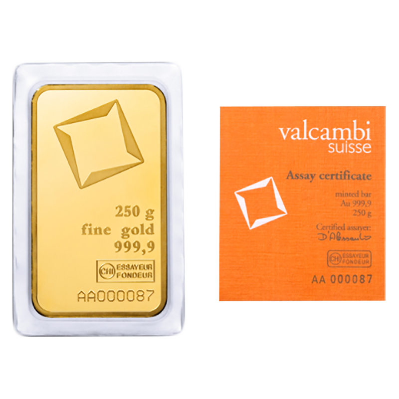 Zlatý slitek Valcambi 250 g - ražený
