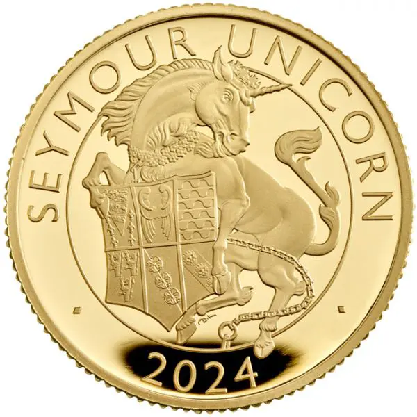 Zlatá mince Tudorovská zvířata - Seymour Unicorn 2024, 1/4 oz v etuji