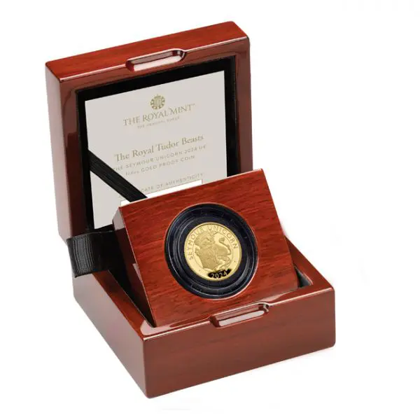 Zlatá mince Tudorovská zvířata v etuji - Seymour Unicorn 2024, 1/4 oz