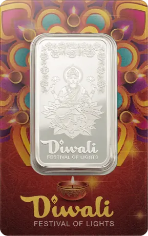 Stříbrný slitek Diwali Lakshmi a Rangoli - Festival světel, 1 oz