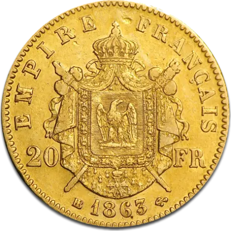 Zlatá mince 20 franků Napoléon III (bez věnce) - různé roky, Francie