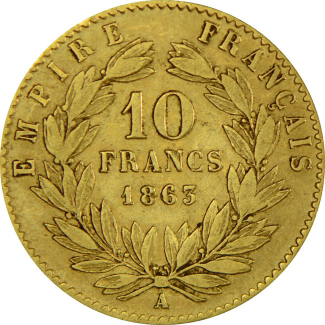 Zlatá mince 10 franků Napoléon III (s vavřínovým věncem) - různé roky, Francie,  