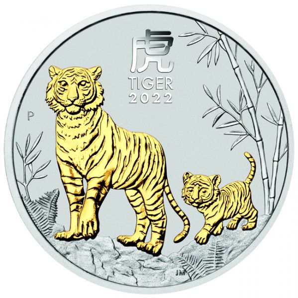 Stříbrná mince Lunární serie - Rok Tygra 1 Unze pozlacené 2022