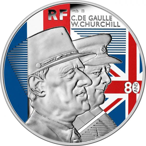 Stříbrná mince De Gaulle a Churchill 