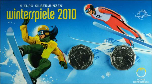 2 x 5 Euro Sada stříbrných mincí Zimní sporty - Lyže a Snowboard PN