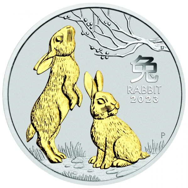 Lunární králík 1 unce stříbra, pozlacený