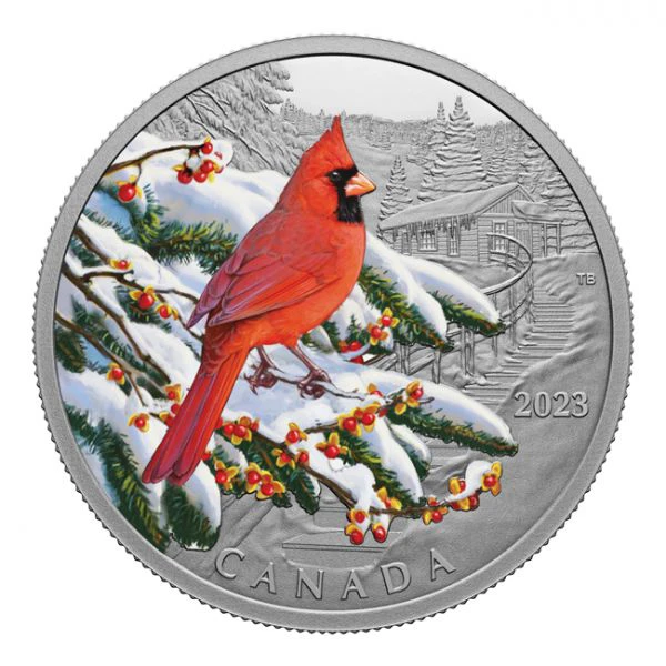 Barevní ptáci - Červený kardinál, 1 oz stříbra