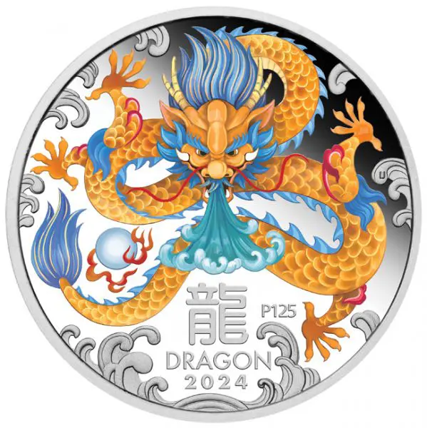 Stříbrná kolorovaná mince Lunární série III - Rok Draka 2024 v etuji, 1 oz