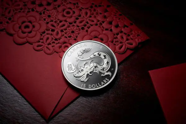 Stříbrná mince Lunární drak 2024 v etuji, Kanadská královská mincovna, 1 oz