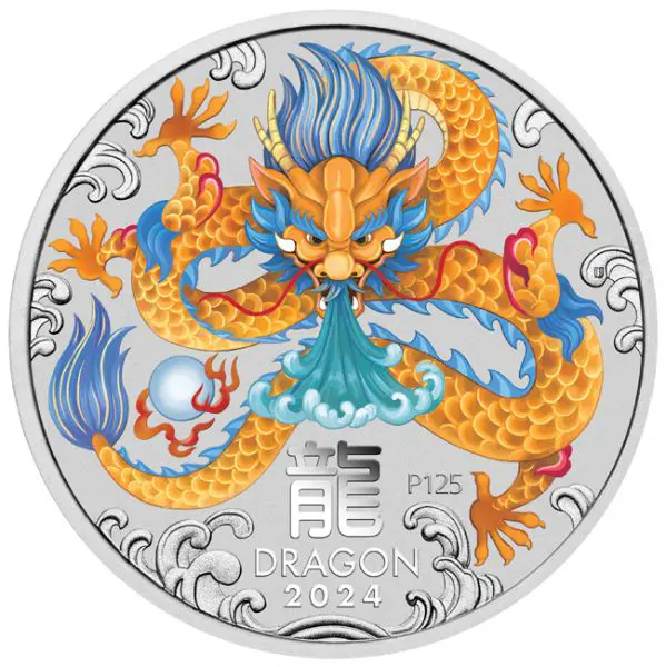 Lunární drak v barvě, mincovna Perth Mint, 1 oz stříbra