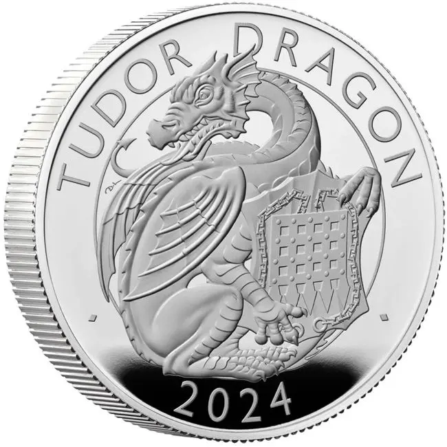Royal Tudor Beast: Drak 2024, 2 oz stříbra v etuji