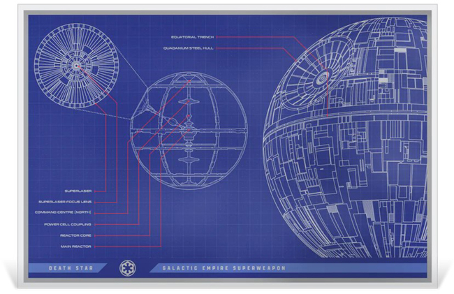 Star Wars: Hvězda smrti 2025 - modrotisk, 1 oz stříbra v etuji