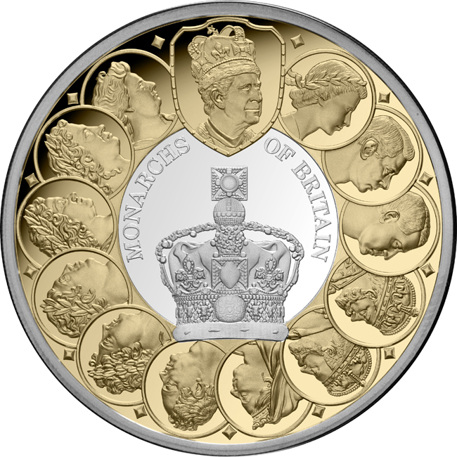 Britští monarchové 2025, stříbrná mince v etuji, 1 oz