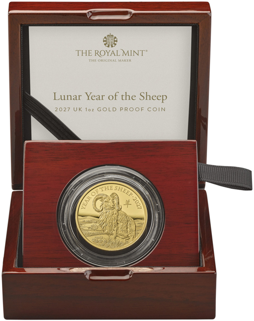 Lunární ovce 2027 - Velká Británie, zlatá mince v etuji, 1 oz