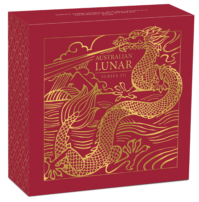Lunární drak 2024 v barvě, zlatá mince v etuji, 1 oz