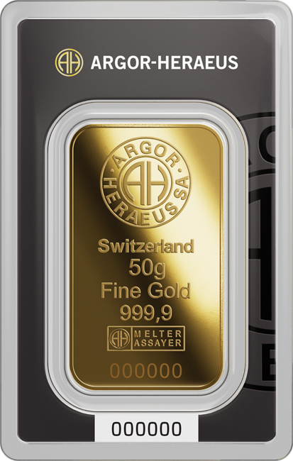 Zlatý slitek Argor Heraeus, 50&nbsp;g